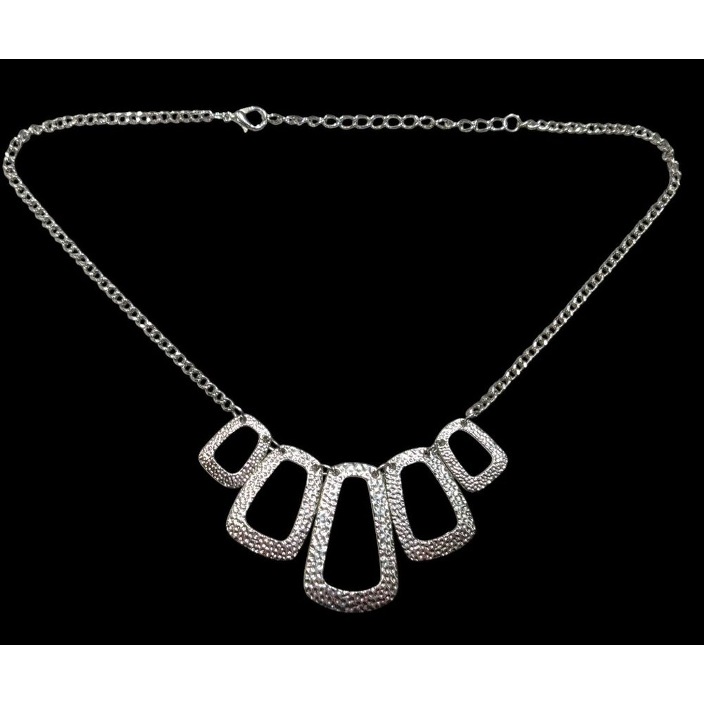 Modern Open Graduated Rectangle Silver Tone Hammered Necklace